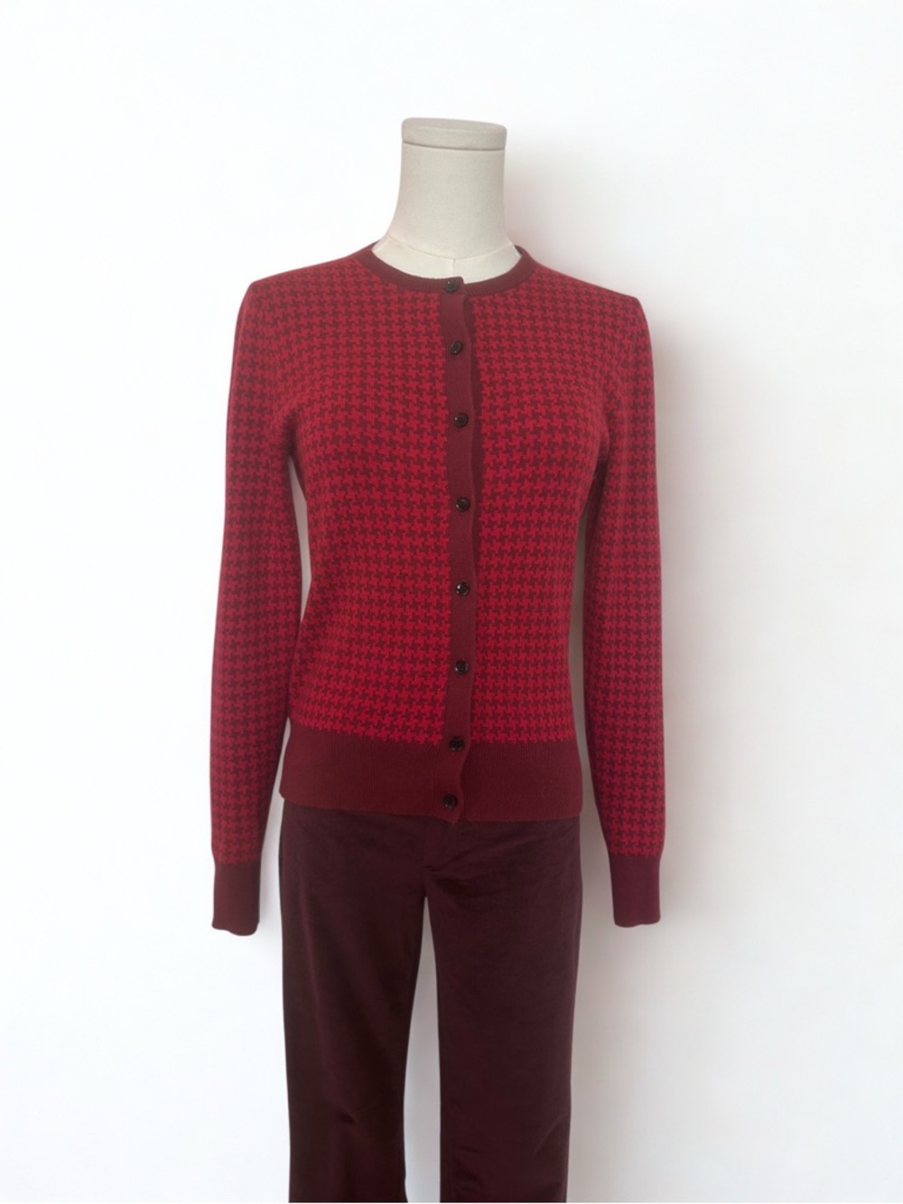 Ann Taylor Red Houndstooth Button-Front Cardigan
